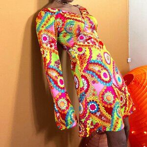 Vintage Floral Psychedelic Dress. Y2K Retro Dress Paisley Pattern.